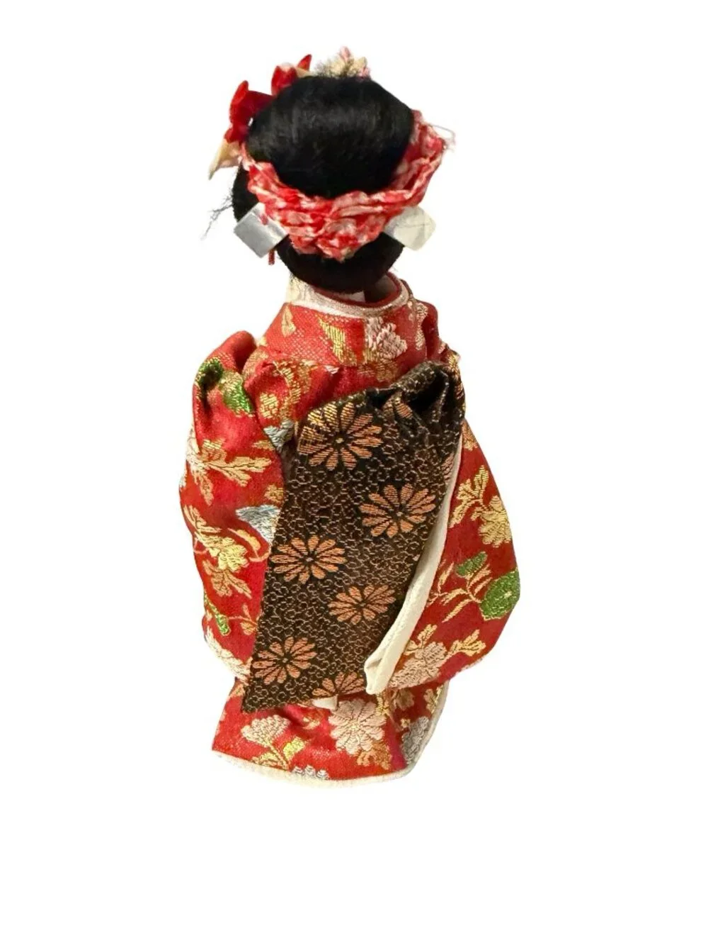 Vintage Japanese Geisha Doll in Red Floral Kimono on Wooden Base 9